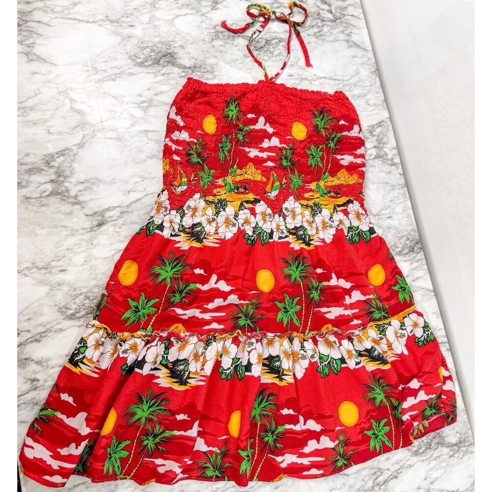 Strapless Halter Tropical Print Dress Floral Tie Waist Medium Beach Resort Wear